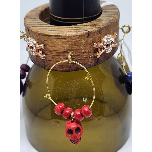 Colorful Skull-Themed Wine Glass Charms Set - 4 Unique Charms With Beads & Wood - Picture 10 of 13